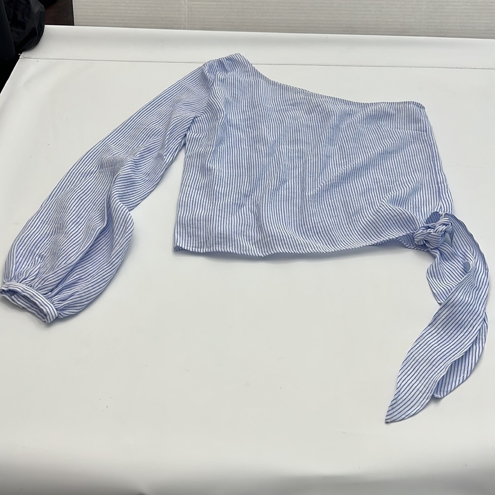 L’ Academie romantic sleeve blue & white pinstripe shirt size S - Picture 7 of 16